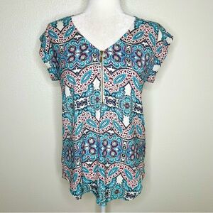Express Womens Baby Blue & Pink Satin Patterned Half-Zip Stretch Blouse Top S